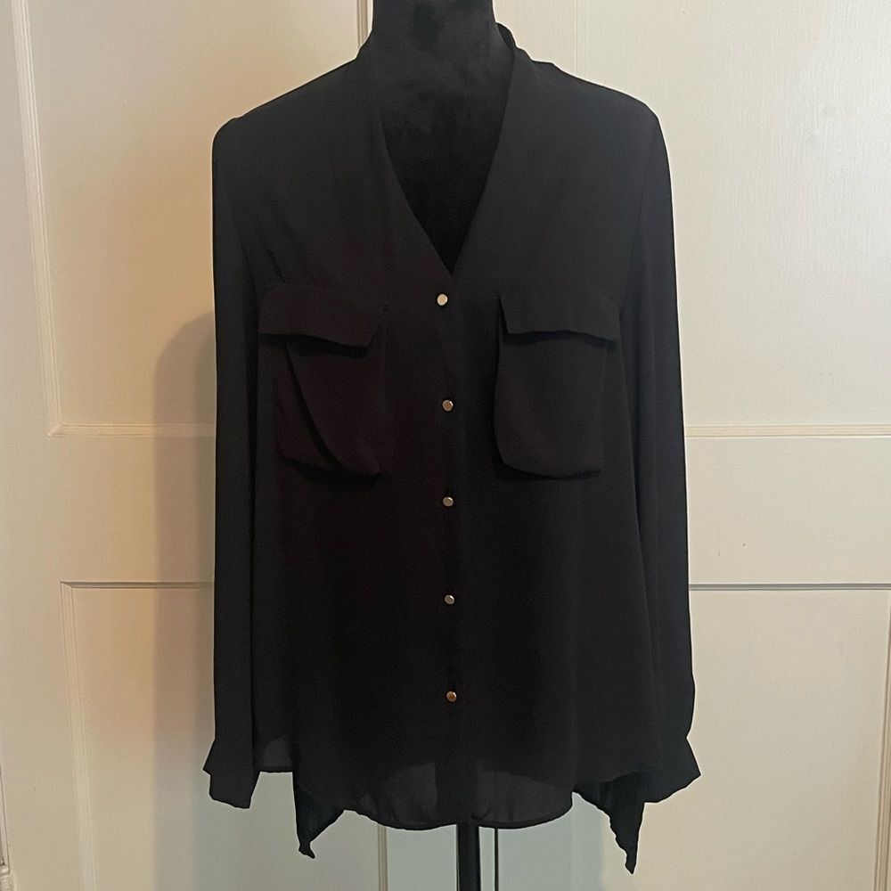 Ladies Zara Semi Sheer Black Shirt Size L Collarless Long Length Gold Buttons